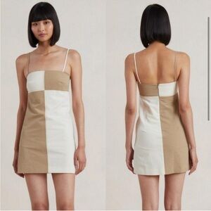 Bec + Bridge Artie Beige and White Color Block Mini Dress Multi Brown 60s 70s